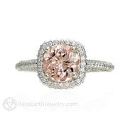Pave Diamond Halo Morganite Wedding Set Engagement Ring and Band Platinum - Rare Earth Jewelry