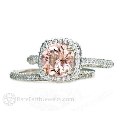 Pave Diamond Halo Morganite Wedding Set Engagement Ring and Band 14K White Gold - Rare Earth Jewelry