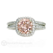 Pave Diamond Halo Morganite Wedding Set Engagement Ring and Band 18K White Gold - Rare Earth Jewelry