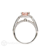 Pave Diamond Halo Morganite Wedding Set Engagement Ring and Band 14K White Gold - Rare Earth Jewelry
