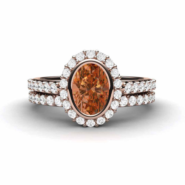 Oval Orange Sapphire Engagement Ring Bezel Set Pave Diamond Halo 14K Rose Gold - Wedding Set - Rare Earth Jewelry