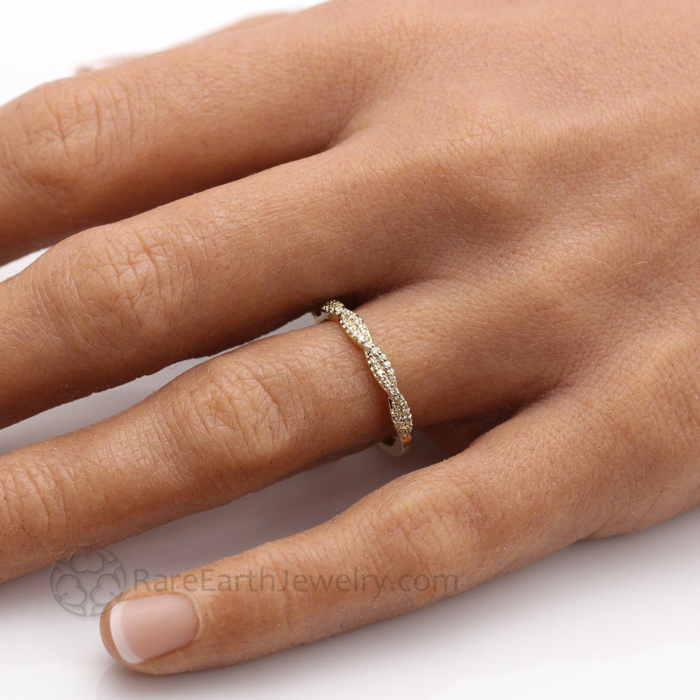 Pave Diamond Wedding Ring Infinity Style Twisted Double Band, Rare Earth Jewelry