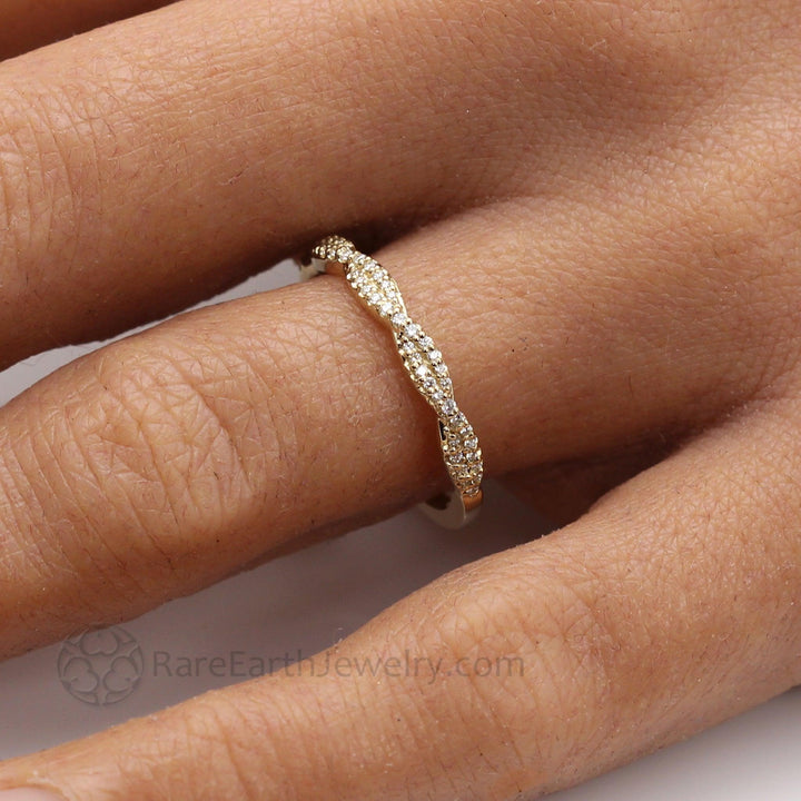 Pave Diamond Wedding Ring Infinity Style Twisted Double Band, Rare Earth Jewelry