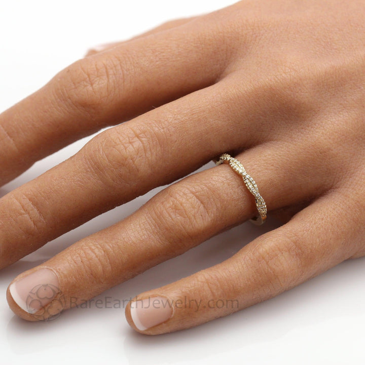 Pave Diamond Wedding Ring Infinity Style Twisted Double Band, Rare Earth Jewelry