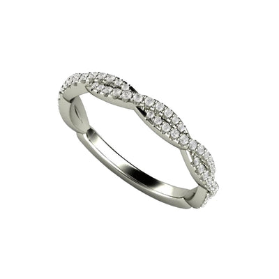A pave set diamond wedding band or anniversary band with an infinity style twisted band design in gold or platinum from Rare Earth Jewelry