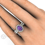 Pave Purple Sapphire Ring or Engagement Oval Diamond Halo 14K White Gold - Wedding Set - Rare Earth Jewelry