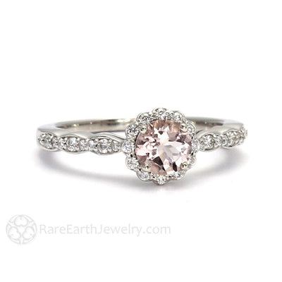 Peach Pink Morganite Engagement Ring with Diamond Halo 14K White Gold - Rare Earth Jewelry