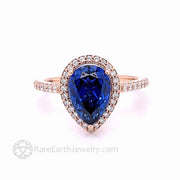 Pear Cut Blue Sapphire Engagement Ring with Diamond Halo 14K Rose Gold - Engagement Only - Rare Earth Jewelry