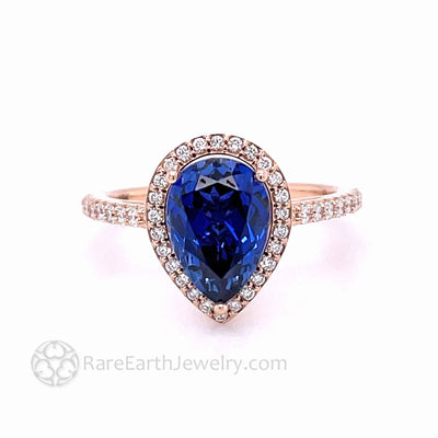 Pear Cut Blue Sapphire Engagement Ring with Diamond Halo 14K Rose Gold - Engagement Only - Rare Earth Jewelry