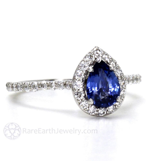 Pear Cut Blue Sapphire Ring with Diamond Halo 18K White Gold - Engagement Only - Rare Earth Jewelry
