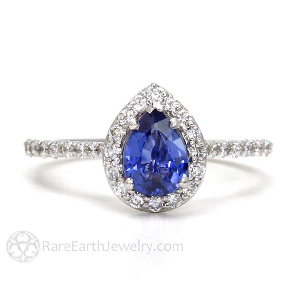 Pear Cut Blue Sapphire Ring with Diamond Halo - Platinum - Engagement Only - Blue - Halo - Pear - Rare Earth Jewelry