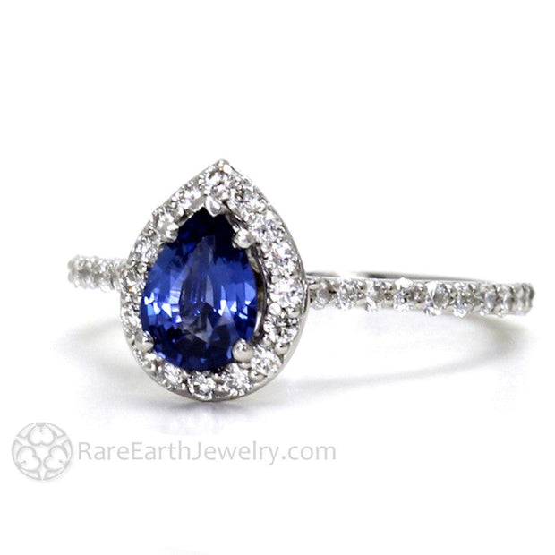 Pear Cut Blue Sapphire Ring with Diamond Halo 14K White Gold - Engagement Only - Rare Earth Jewelry