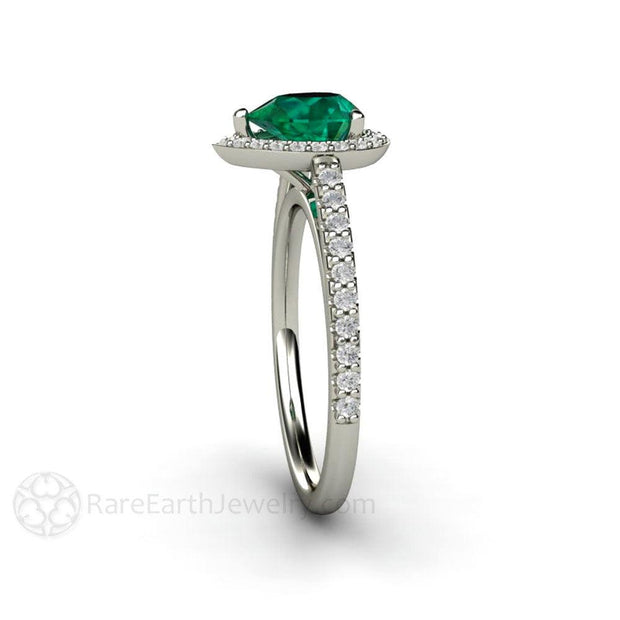 Pear Cut Emerald Engagement Ring with Diamond Halo Platinum - Rare Earth Jewelry