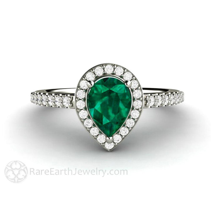 Pear Cut Natural Emerald Engagement Ring with Diamond Halo - Rare Earth Jewelry