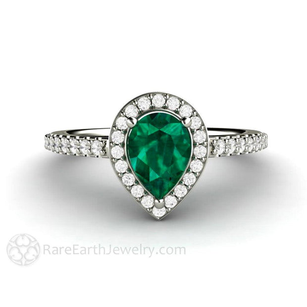 Pear Cut Emerald Engagement Ring with Diamond Halo 18K White Gold - Rare Earth Jewelry
