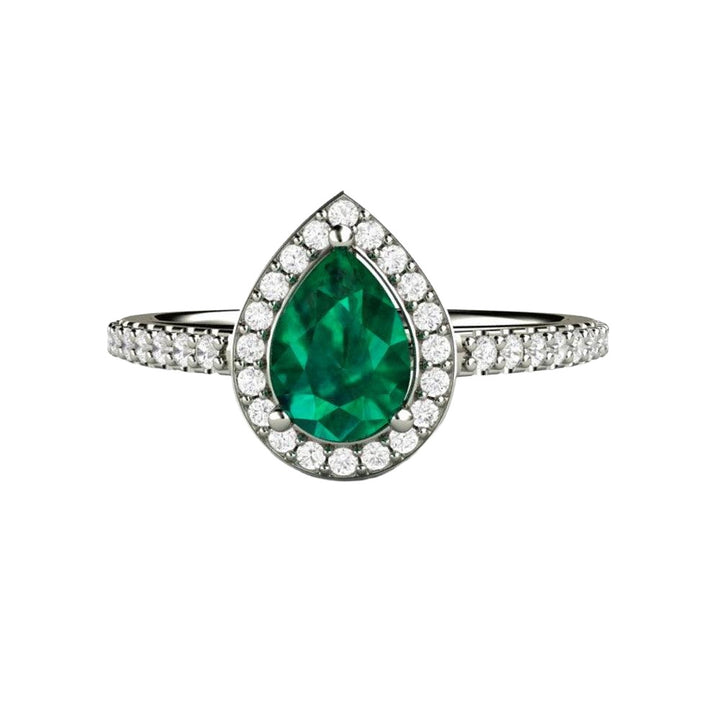 Pear Cut Natural Emerald Engagement Ring with Diamond Halo - Rare Earth Jewelry