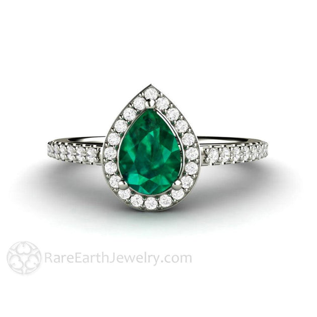 Pear Cut Emerald Engagement Ring with Diamond Halo - Rare Earth Jewelry