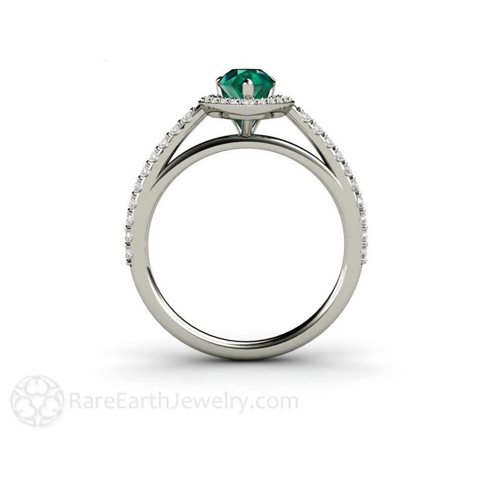 Pear Cut Natural Emerald Engagement Ring with Diamond Halo - Rare Earth Jewelry