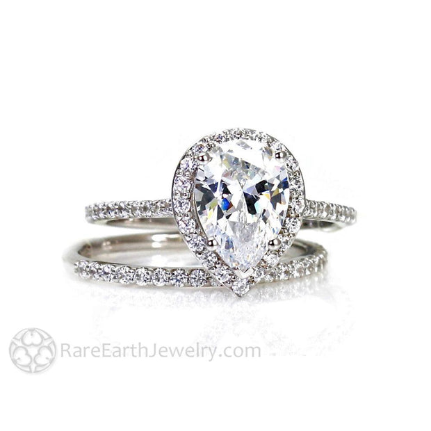 Pear Cut Forever One Moissanite Engagement Ring or Wedding Set Diamond Halo - Rare Earth Jewelry