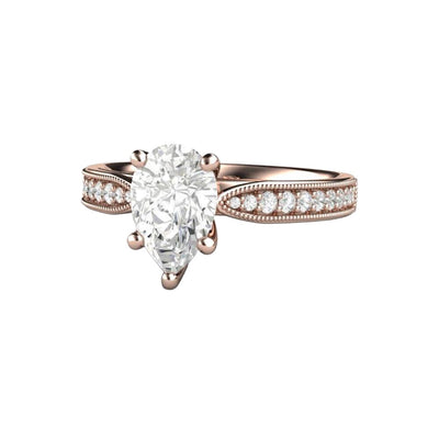 Pear Cut Forever One Moissanite Engagement Ring Vintage Style Solitaire with Milgrain 14K Rose Gold from Rare Earth Jewelry
