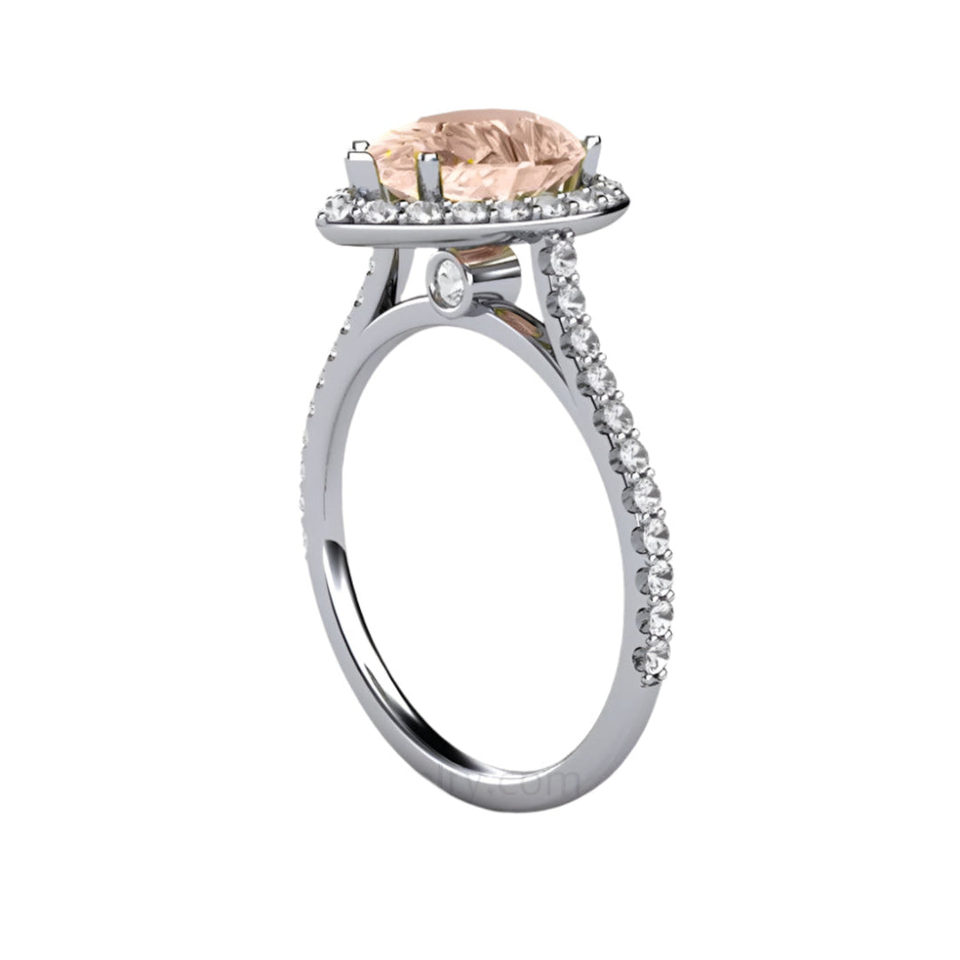 Pear Cut Morganite Engagement Ring with Diamond Halo, Hidden Diamond Cathedral Setting | Rare Earth Jewelry