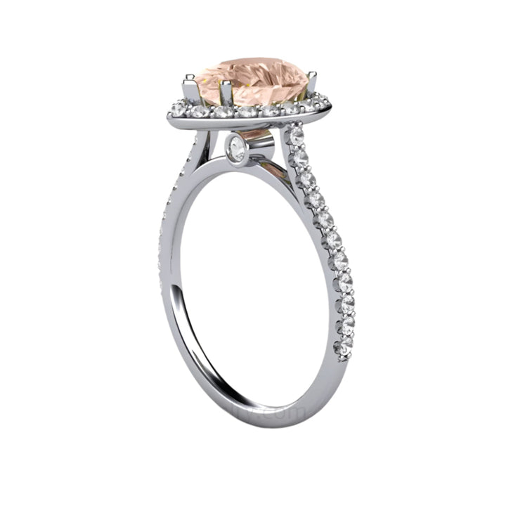 Pear Cut Morganite Engagement Ring with Diamond Halo, Hidden Diamond Cathedral Setting | Rare Earth Jewelry