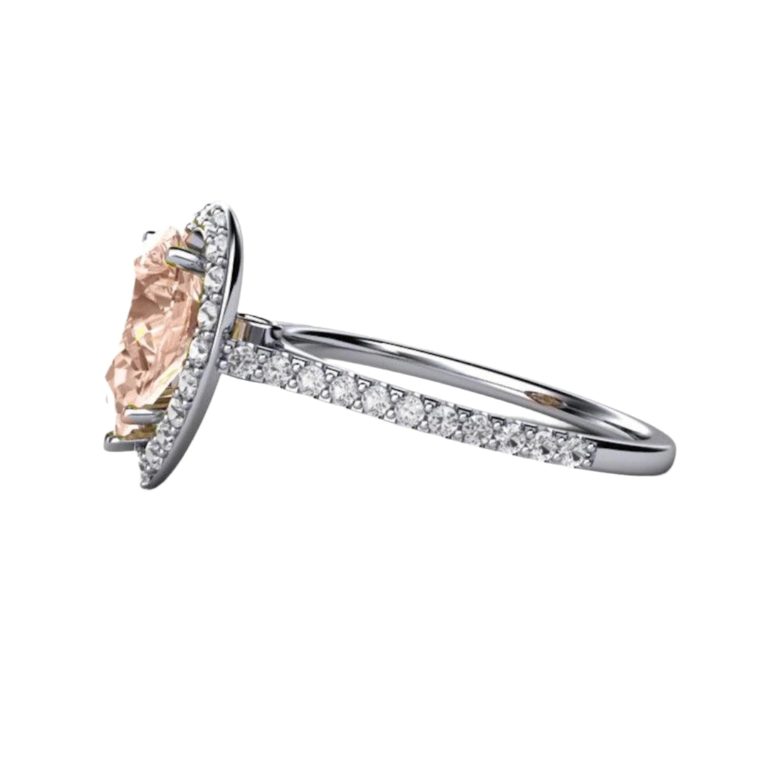 Pear Cut Morganite Engagement Ring with Diamond Halo, Rare Earth Jewelry