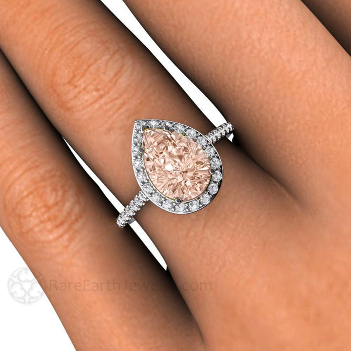 Pear Cut Morganite Engagement Ring with Diamond Halo, Rare Earth Jewelry