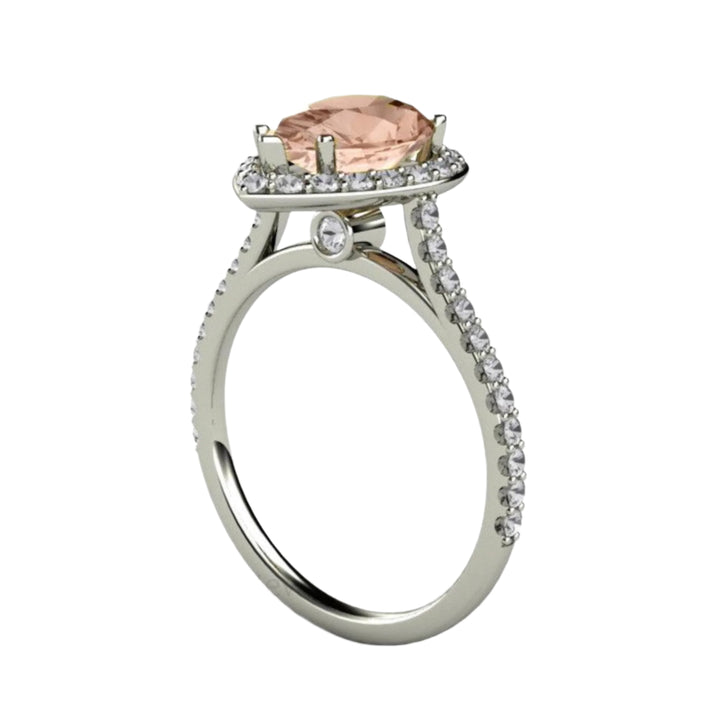 Pear Cut Morganite Engagement Ring, Pave Diamond Halo Cathedral Setting with Hidden Diamonds | Rare Earth Jewelry