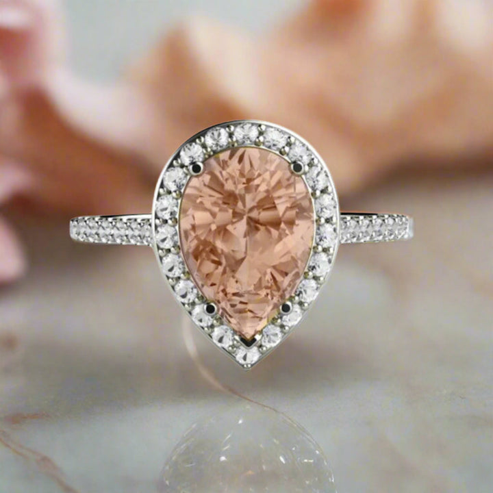 Pear Cut Morganite Engagement Ring with Diamond Halo, Rare Earth Jewelry