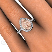 Pear Cut Morganite Engagement Ring with Diamond Halo 18K White Gold - Rare Earth Jewelry