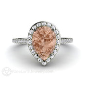 Pear Cut Morganite Engagement Ring with Diamond Halo - Platinum - Halo - Morganite - Peach - Rare Earth Jewelry