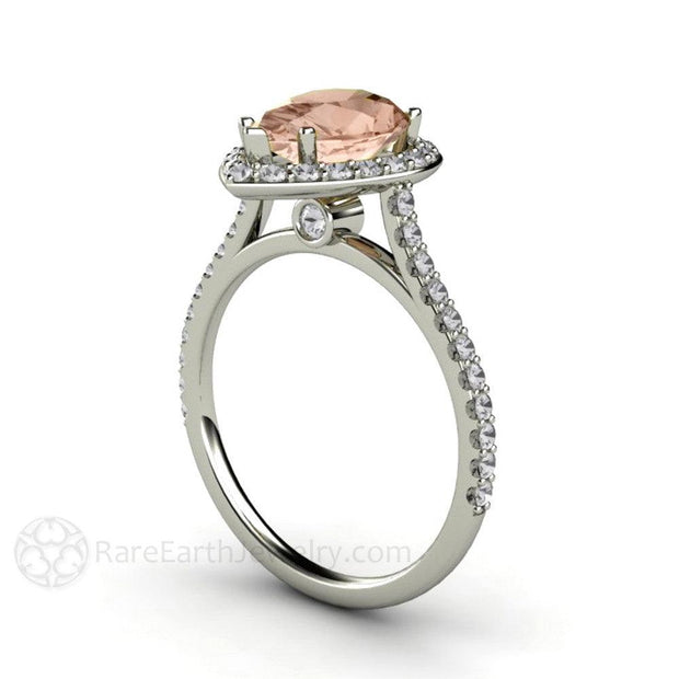Pear Cut Morganite Engagement Ring with Diamond Halo 18K White Gold - Rare Earth Jewelry