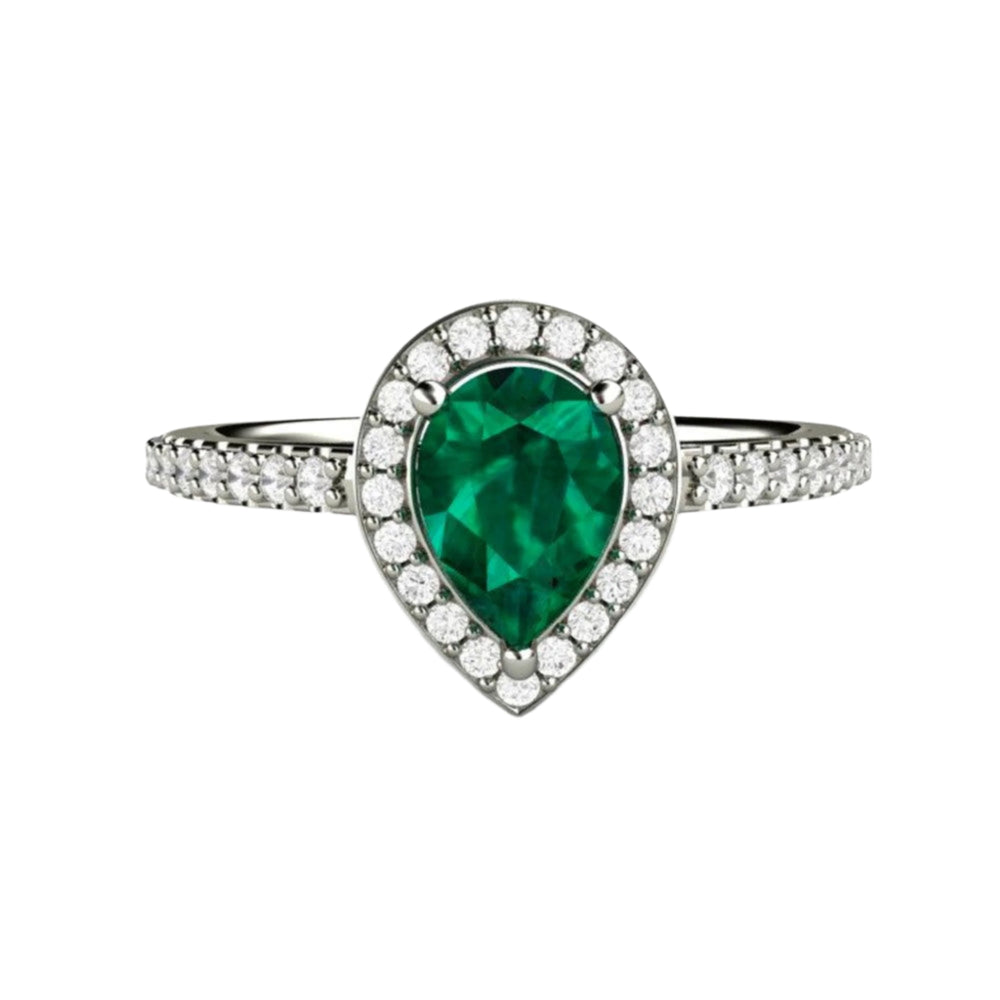 Pear Cut Natural Emerald Engagement Ring with Pave Set Diamond Halo in 14K or 18K Gold or Platinum | Rare Earth Jewelry