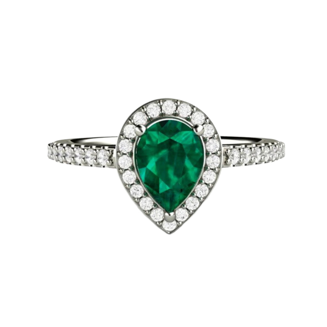 Pear Cut Natural Emerald Engagement Ring with Pave Set Diamond Halo in 14K or 18K Gold or Platinum | Rare Earth Jewelry