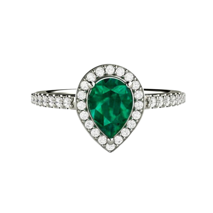 Pear Cut Natural Emerald Engagement Ring with Pave Set Diamond Halo in 14K or 18K Gold or Platinum | Rare Earth Jewelry