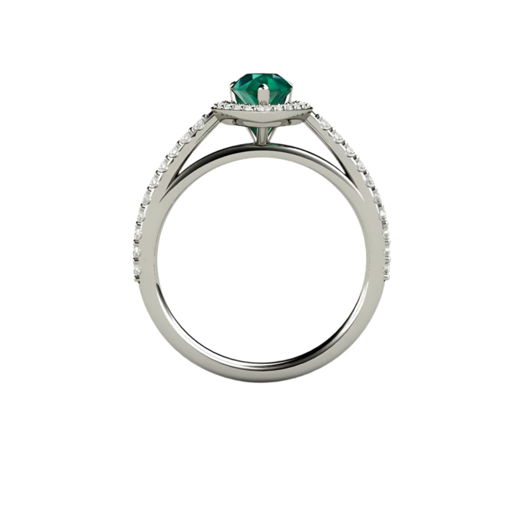 Pear Cut Natural Emerald Engagement Ring, Pave Diamond Cathedral Setting | Rare Earth Jewelry