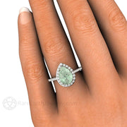 Pear Green Amethyst Ring with Diamond Halo 18K White Gold - Rare Earth Jewelry