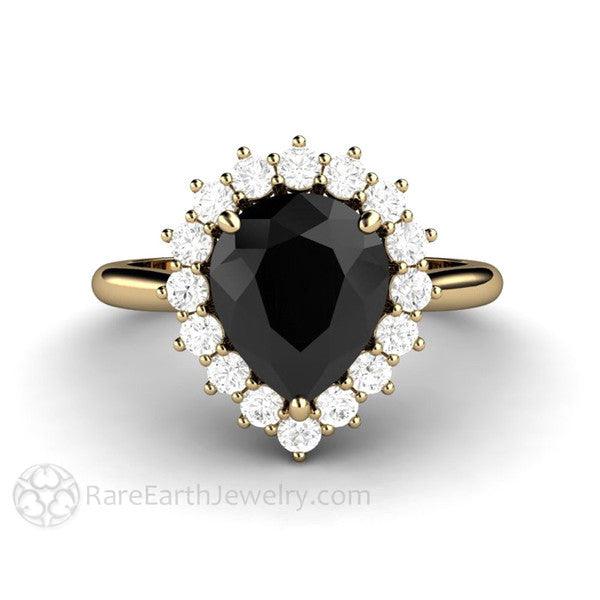 Pear Shaped Black Moissanite Engagement Ring Diamond Halo Tear Drop 14K Yellow Gold - Rare Earth Jewelry