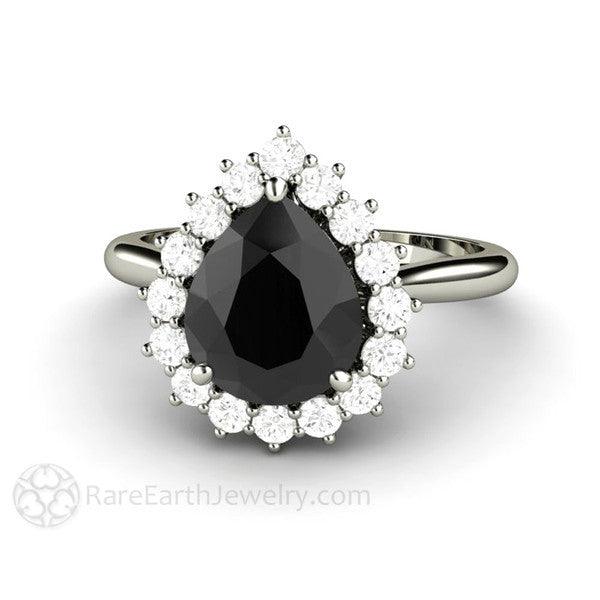 Pear Shaped Black Moissanite Engagement Ring Diamond Halo Tear Drop 14K White Gold - Rare Earth Jewelry