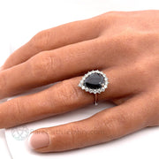 Pear Shaped Black Moissanite Engagement Ring Diamond Halo Tear Drop 14K Rose Gold - Rare Earth Jewelry