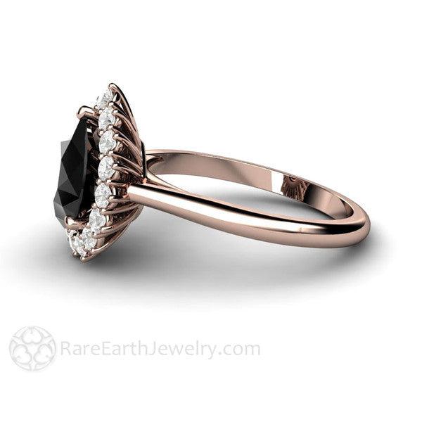 Pear Shaped Black Moissanite Engagement Ring Diamond Halo Tear Drop 14K Rose Gold - Rare Earth Jewelry
