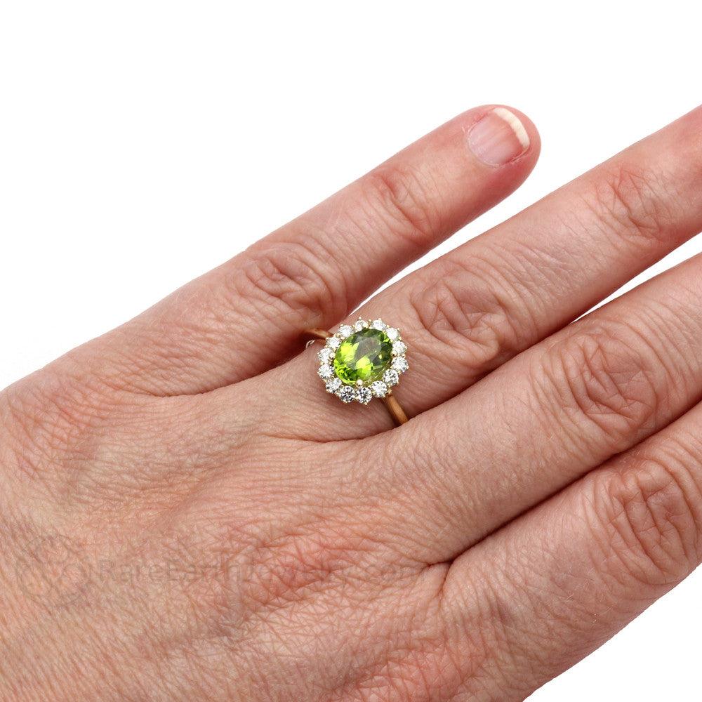 Peridot Ring Oval Cluster Halo with Diamonds August Birthstone - Rare Earth Jewelry