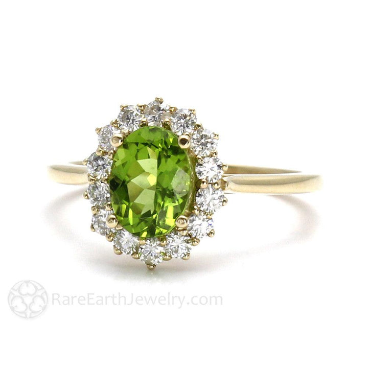 Peridot Ring Oval Cluster Halo with Diamonds August Birthstone - Rare Earth Jewelry