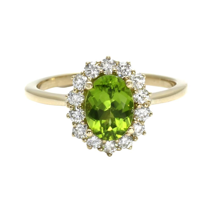 Peridot Ring Oval Cluster Halo with Diamonds August Birthstone - Rare Earth Jewelry