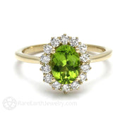 Peridot Ring Oval Cluster Halo with Diamonds August Birthstone 14K Yellow Gold - Rare Earth Jewelry