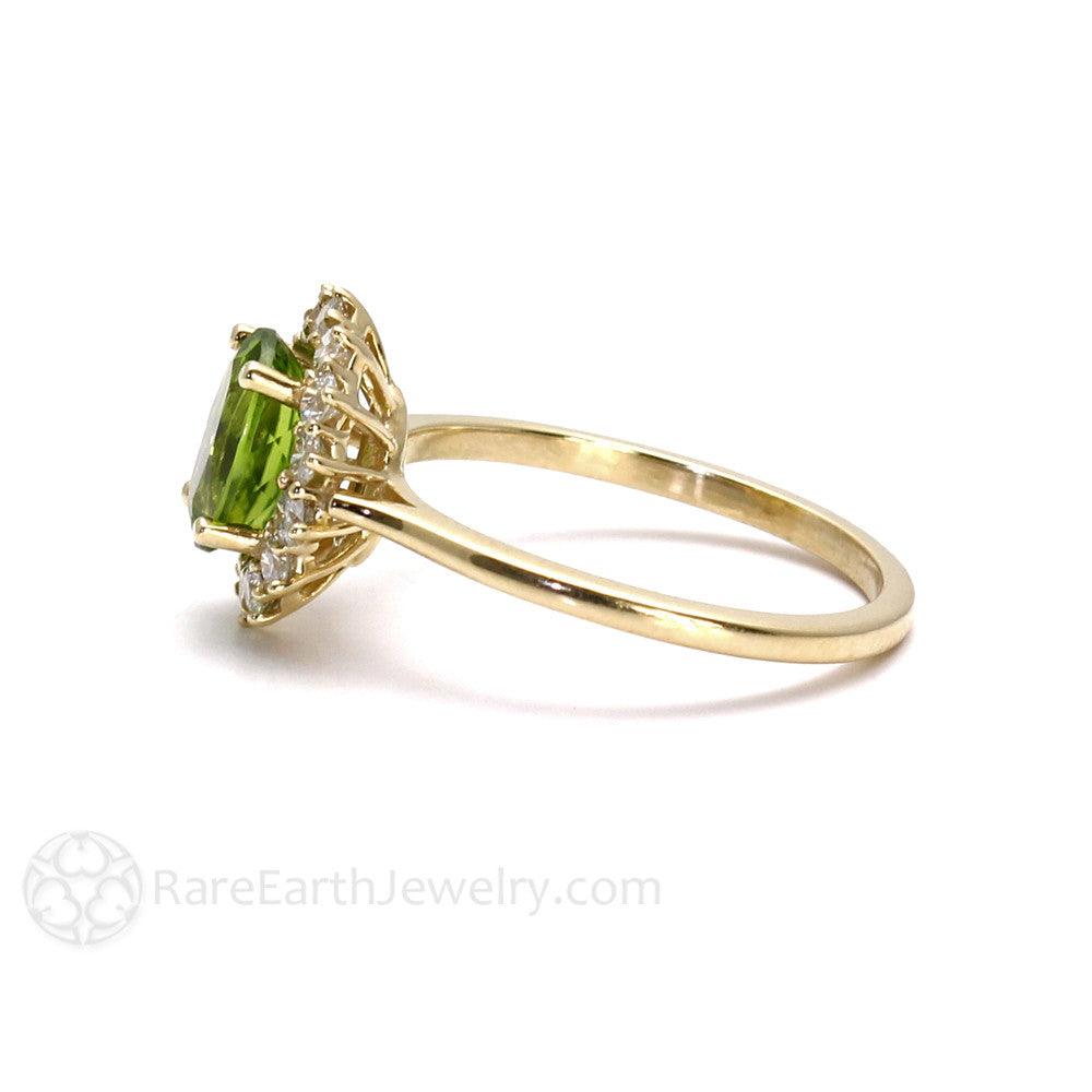 Peridot Ring Oval Cluster Halo with Diamonds August Birthstone - Rare Earth Jewelry