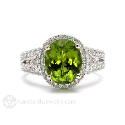 Peridot Ring Vintage Art Deco with Diamonds August Birthstone 14K White Gold - Rare Earth Jewelry