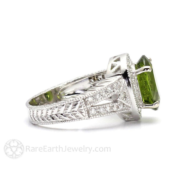 Peridot Ring Vintage Art Deco with Diamonds August Birthstone 14K White Gold - Rare Earth Jewelry