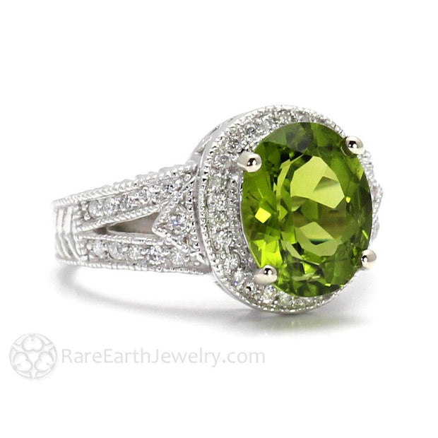 Peridot Ring Vintage Art Deco with Diamonds August Birthstone 18K White Gold - Rare Earth Jewelry